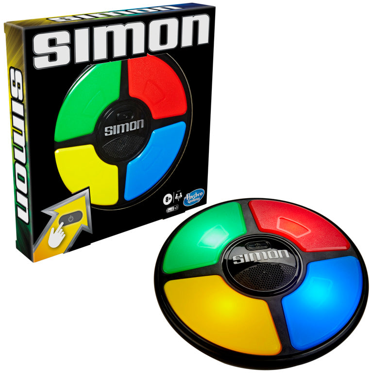 Juego Simon, disco multicolor, frontal con caja, diversión y memoria