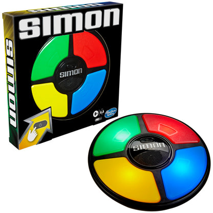 Juego Simon, disco multicolor, frontal con caja, diversión y memoria