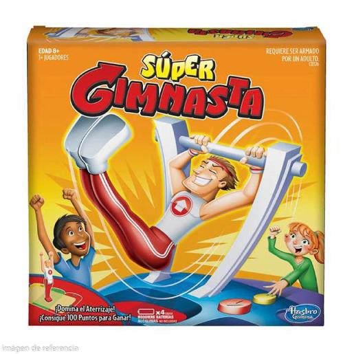 Juego Súper Gimnasta, caja colorida con un gimnasta y niños divirtiéndose