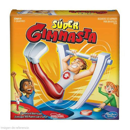 Juego Súper Gimnasta, caja colorida con un gimnasta y niños divirtiéndose