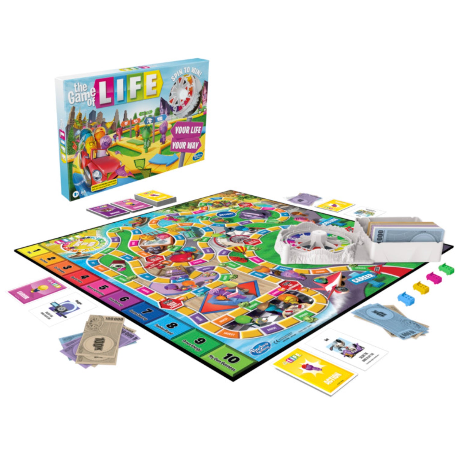 Juego de la Vida, tablero colorido con piezas y cartas, vista frontal