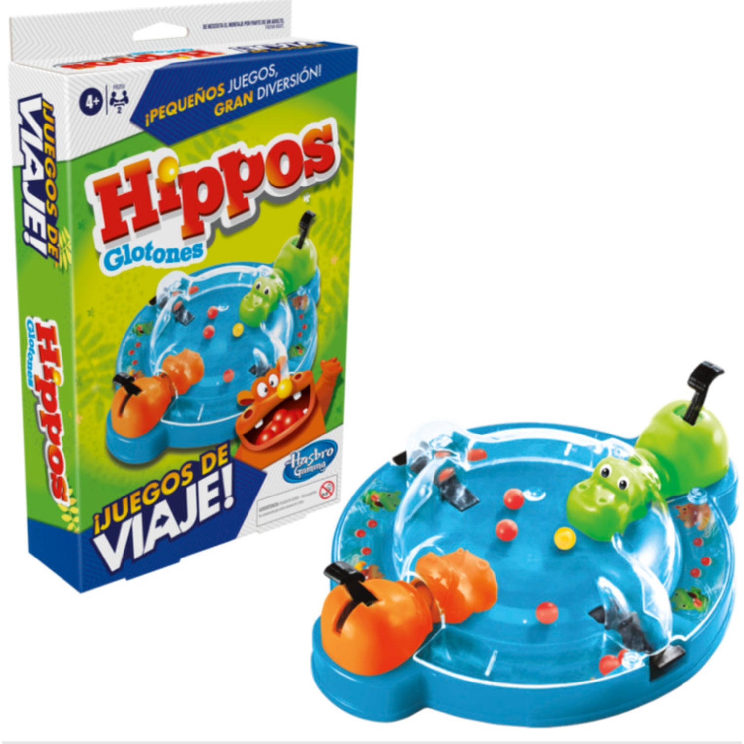 Juego Hippos Glotones colorido, vista frontal del tablero con caja