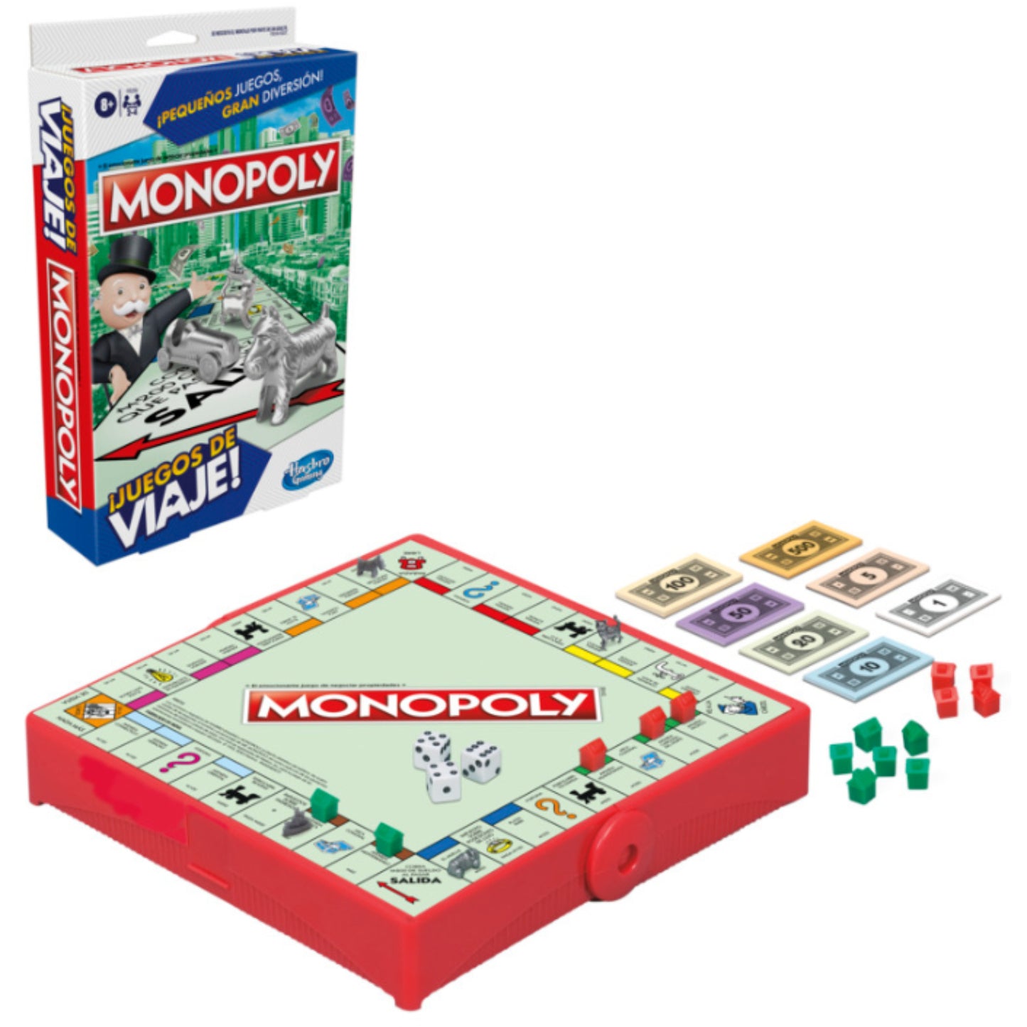 Juego de mesa Monopoly edición viaje, tablero rojo con piezas y billetes