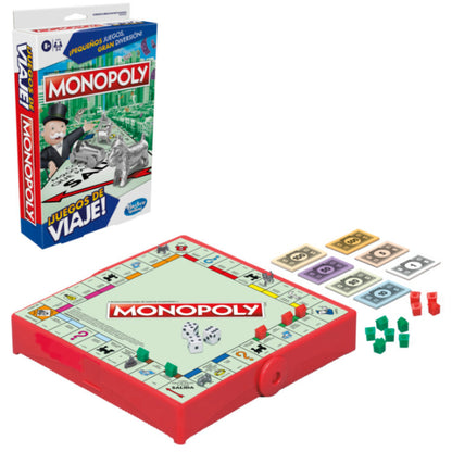 Juego de mesa Monopoly edición viaje, tablero rojo con piezas y billetes