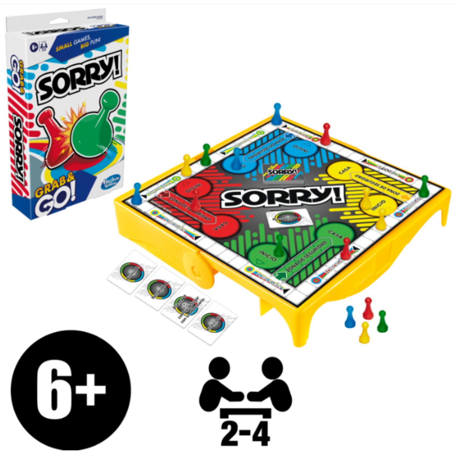 Juego de mesa Sorry! colorido con fichas, vista frontal y reglas para 2-4 jugadores