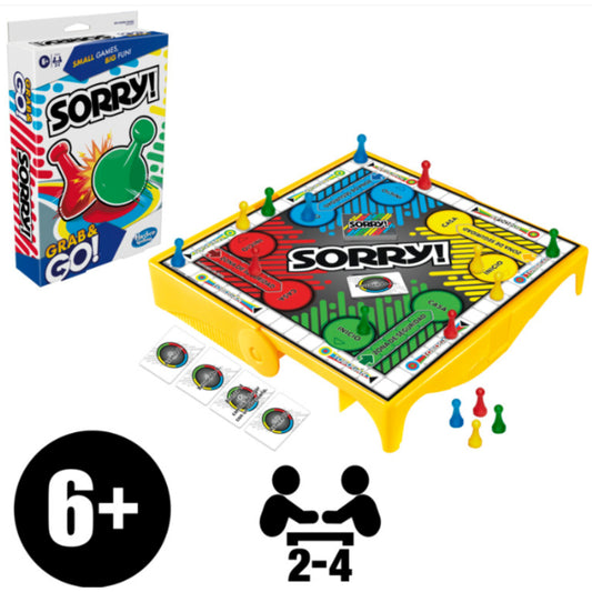 Juego de mesa Sorry! colorido con fichas, vista frontal y reglas para 2-4 jugadores