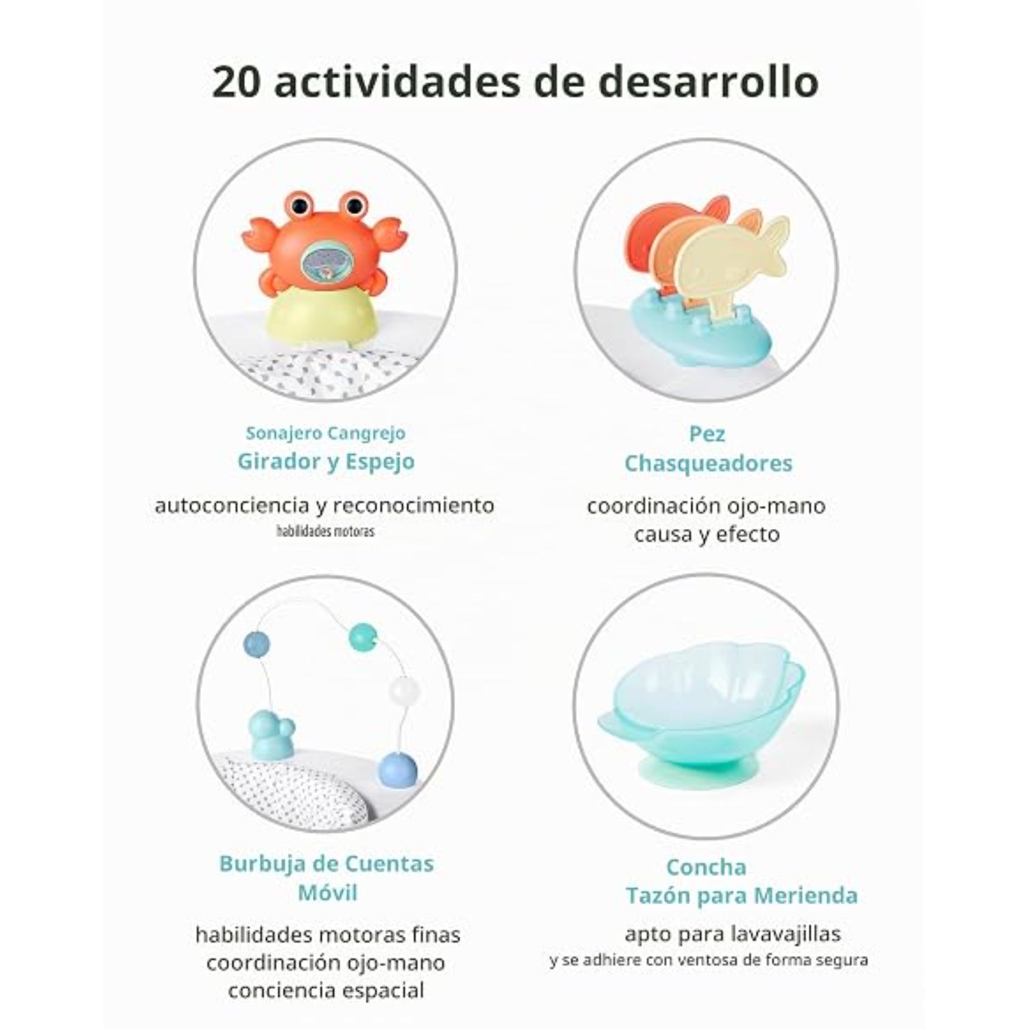 Actividades de desarrollo, juguetes coloridos, vista de varios elementos educativos