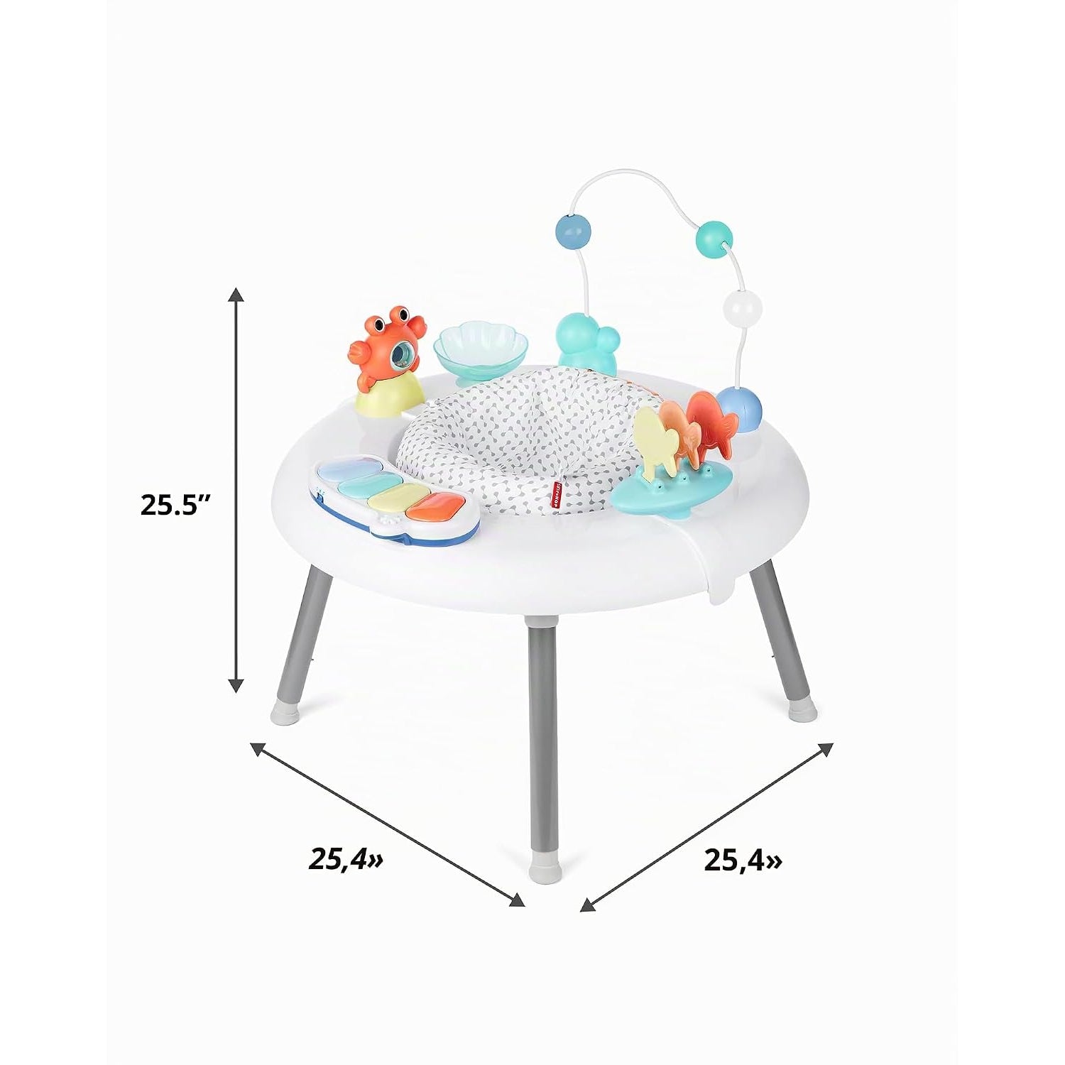 Salto de actividades blanco y colorido de SKIP*HOP, vista frontal con juguetes interactivos