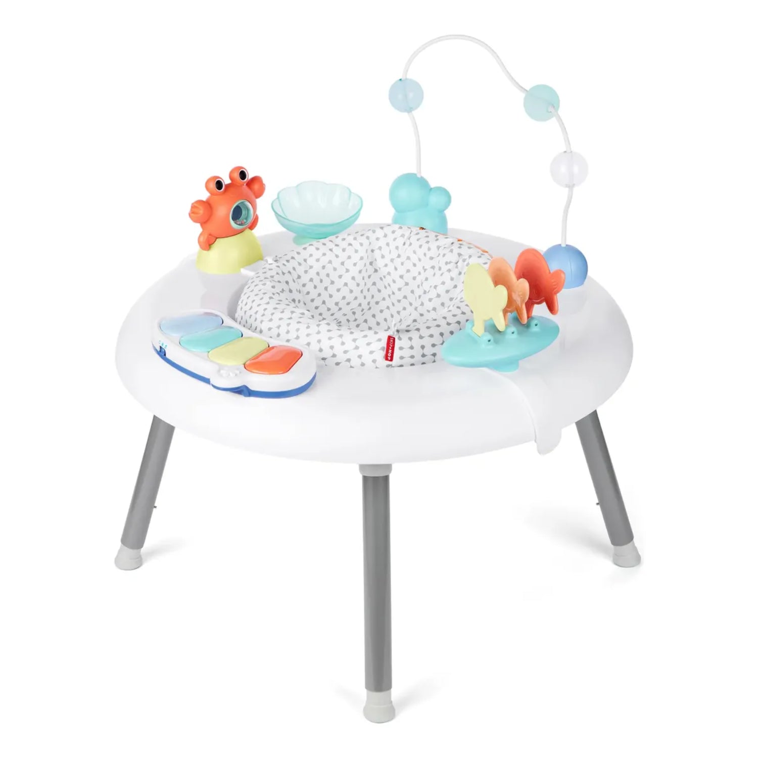 Actividades saltador blanco con juguetes coloridos, ideal para el desarrollo infantil