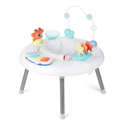 Actividades saltador blanco con juguetes coloridos, ideal para el desarrollo infantil