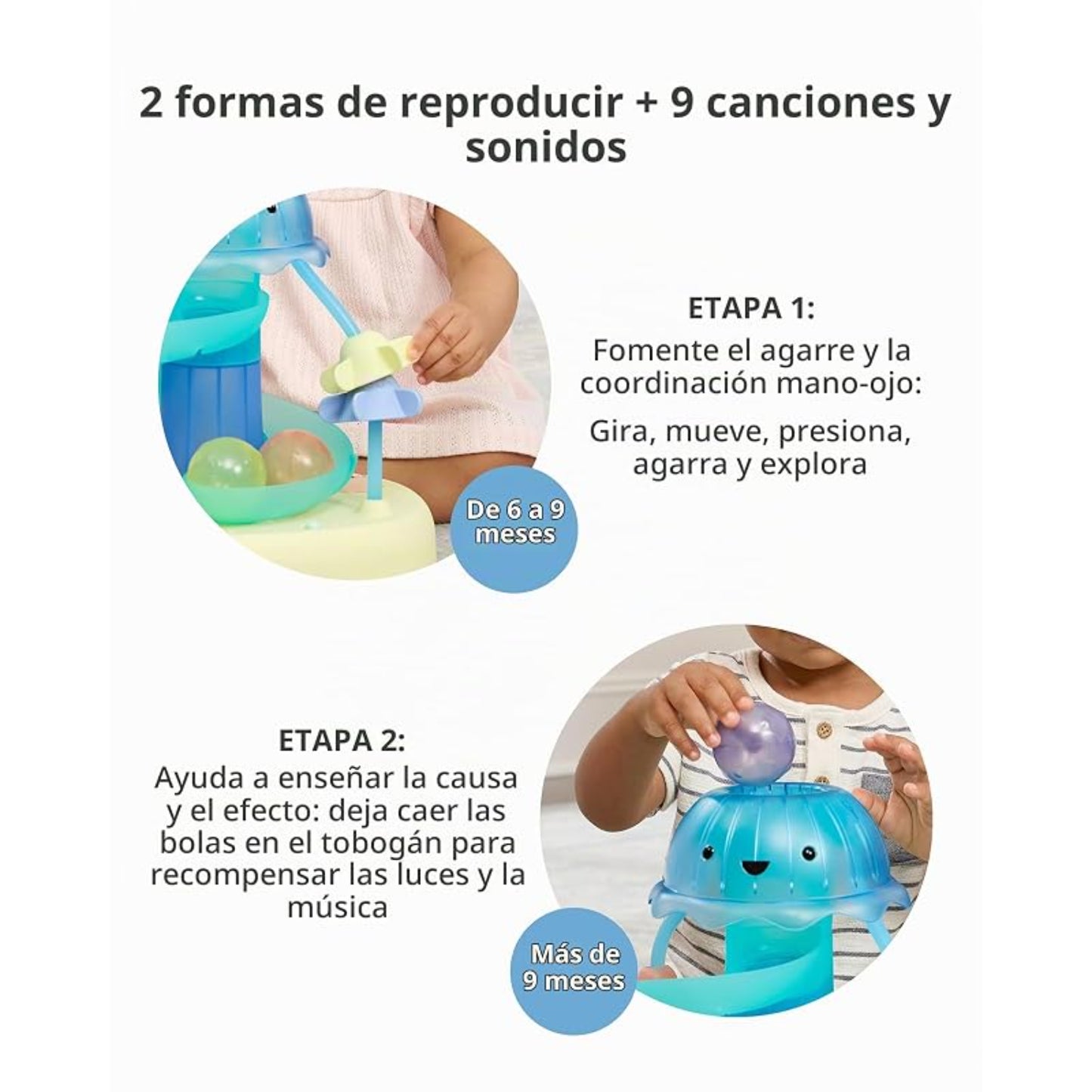Juguete de agua azul con bolas, vista superior y etapa de aprendizaje