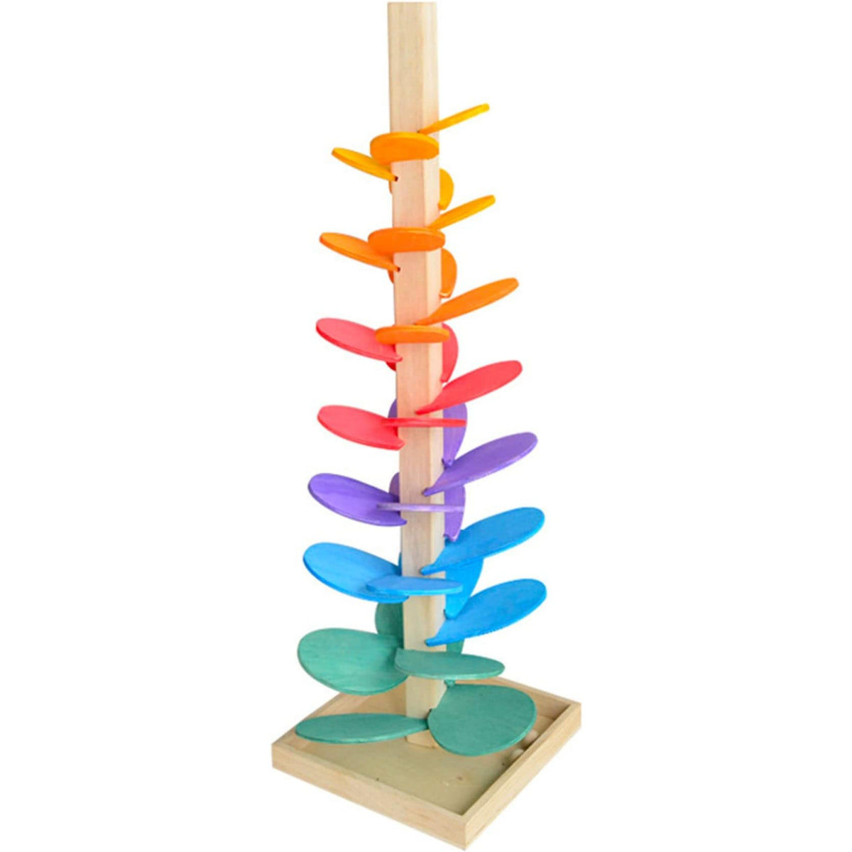 Juguete educativo de madera colorido, torre de equilibrio en vista frontal