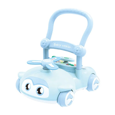 andador infantil azul con volante y botones, juguete para aprender a caminar