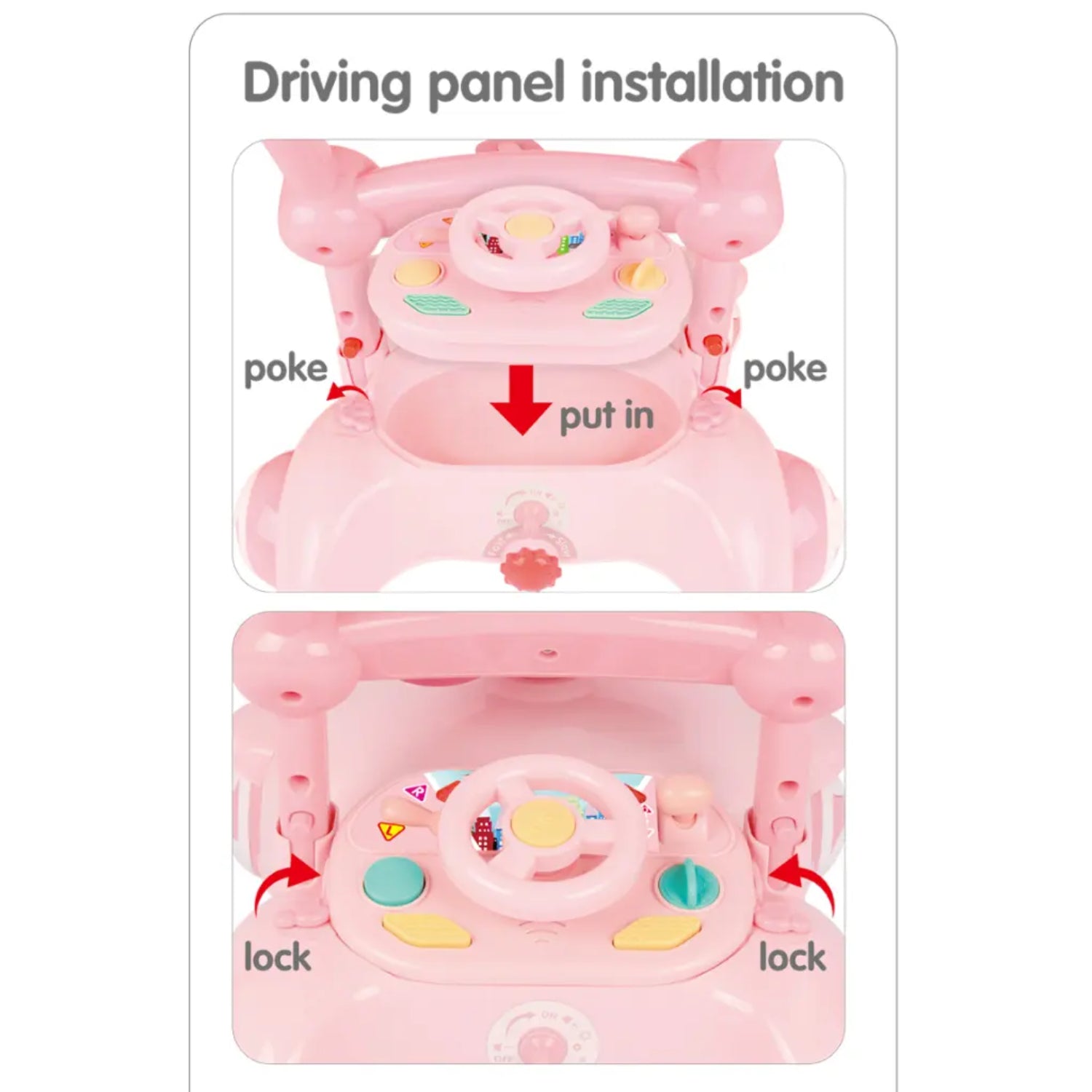 Panel de conducción rosa, instalación con botones y volante para juguete infantil