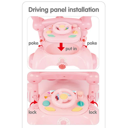 Panel de conducción rosa, instalación con botones y volante para juguete infantil
