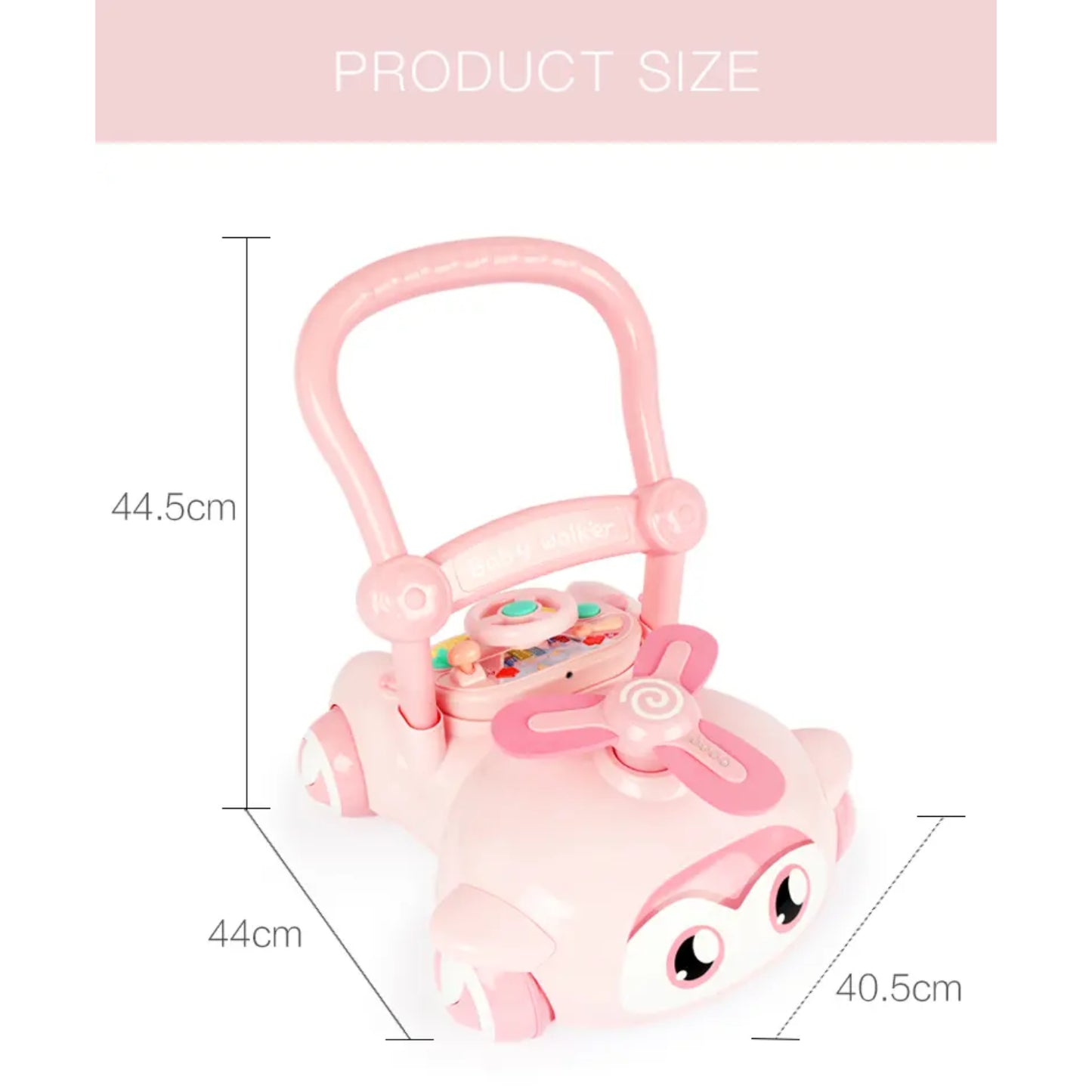 Carrito rosa para bebé con características interactivas vista frontal y medidas incluidas