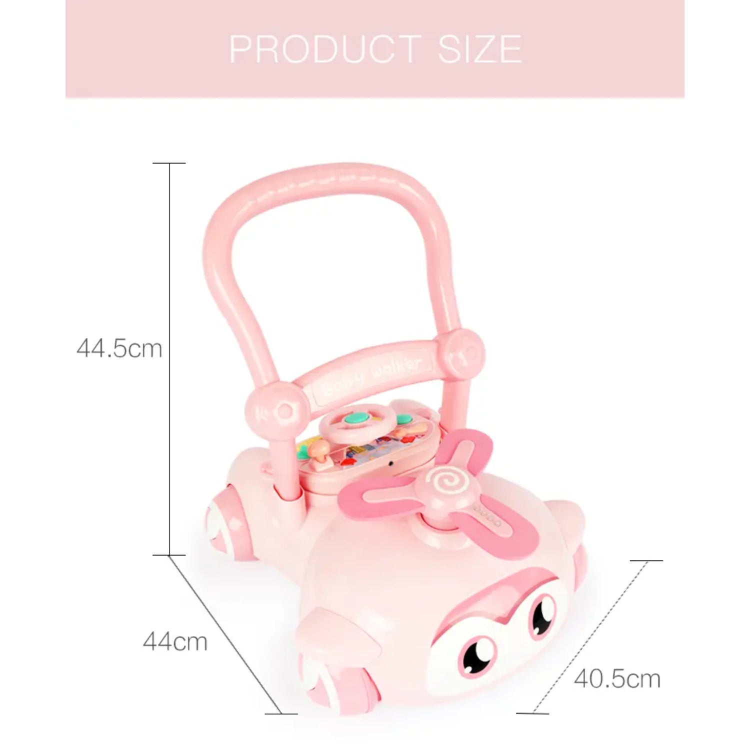 Carrito rosa para bebé con características interactivas vista frontal y medidas incluidas