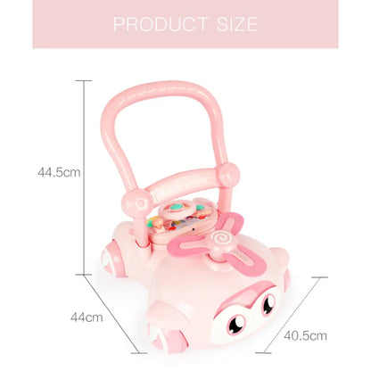 Carrito rosa para bebé con características interactivas vista frontal y medidas incluidas