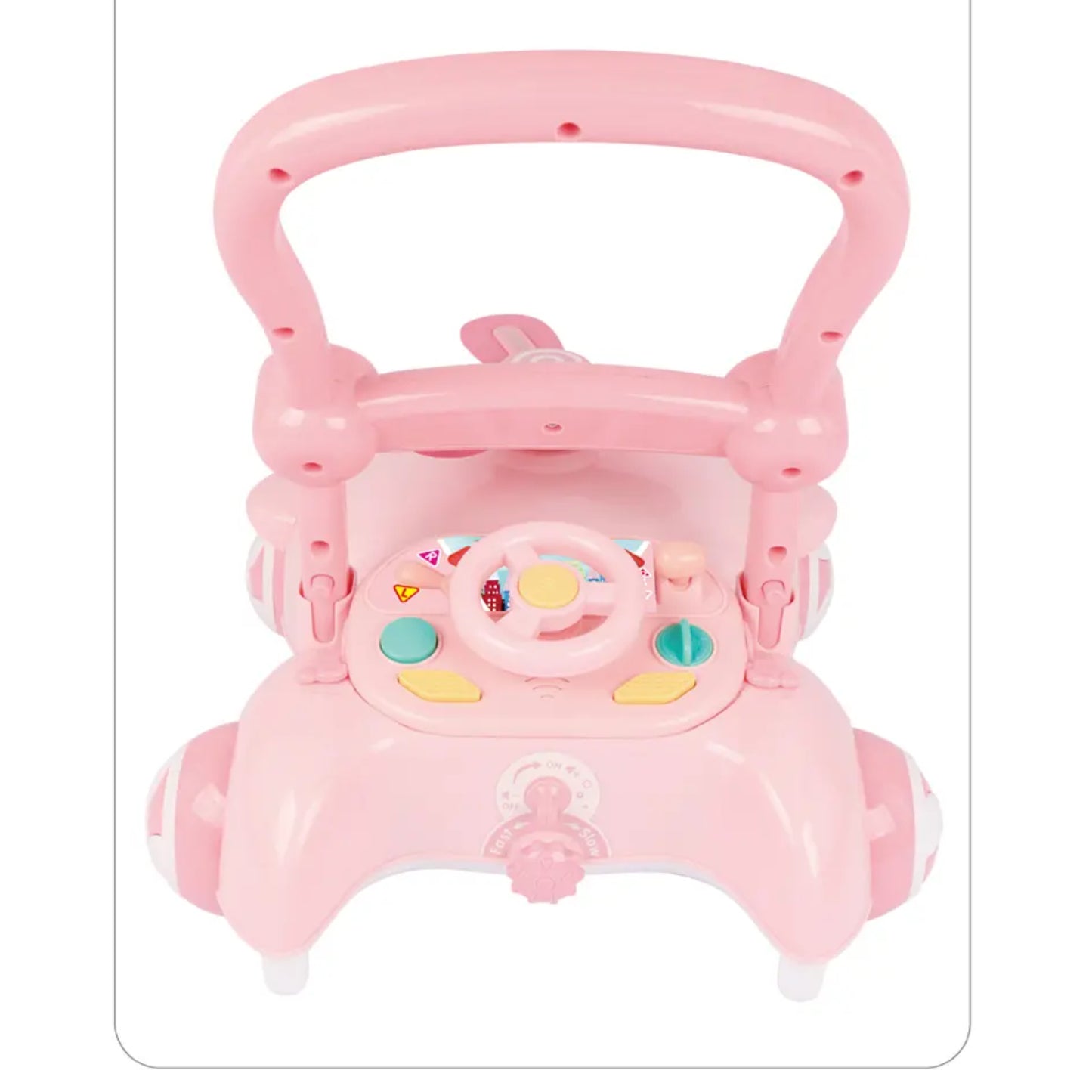 Andador rosa con volante y botones, ideal para bebés en desarrollo.
