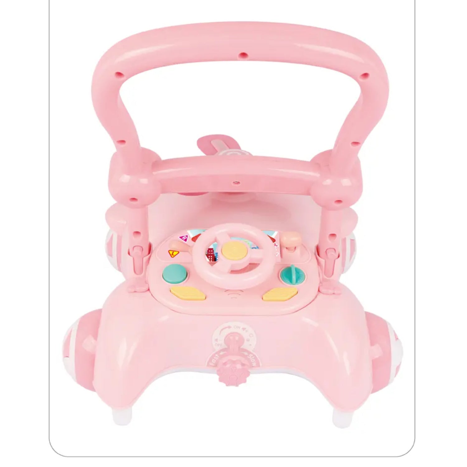 Andador rosa con volante y botones, ideal para bebés en desarrollo.