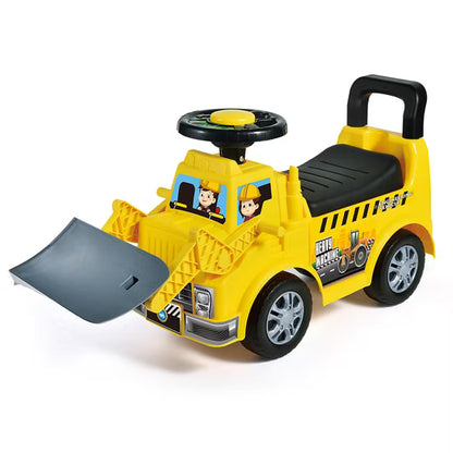 Camión de juguete amarillo con pala frontal, ideal para niños en juegos al aire libre