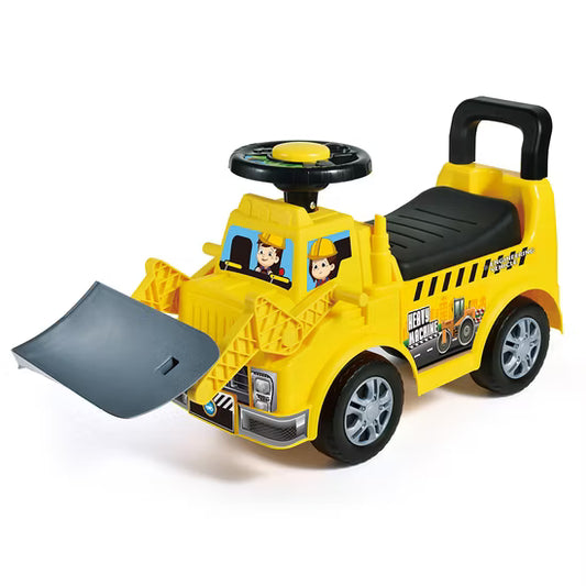 Camión de juguete amarillo con pala frontal, ideal para niños en juegos al aire libre