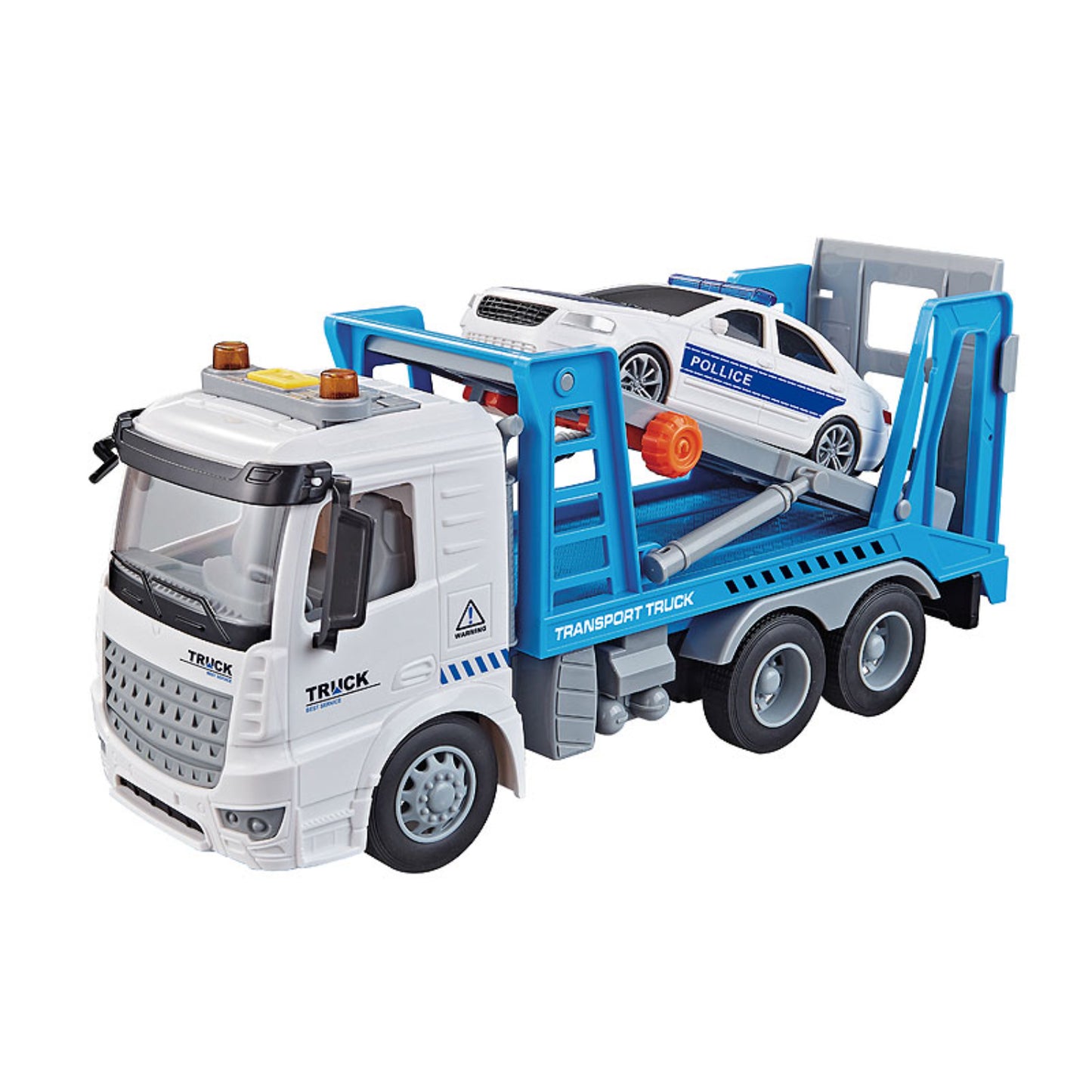 Camión transportador azul con juguete de coche de policía, vista lateral