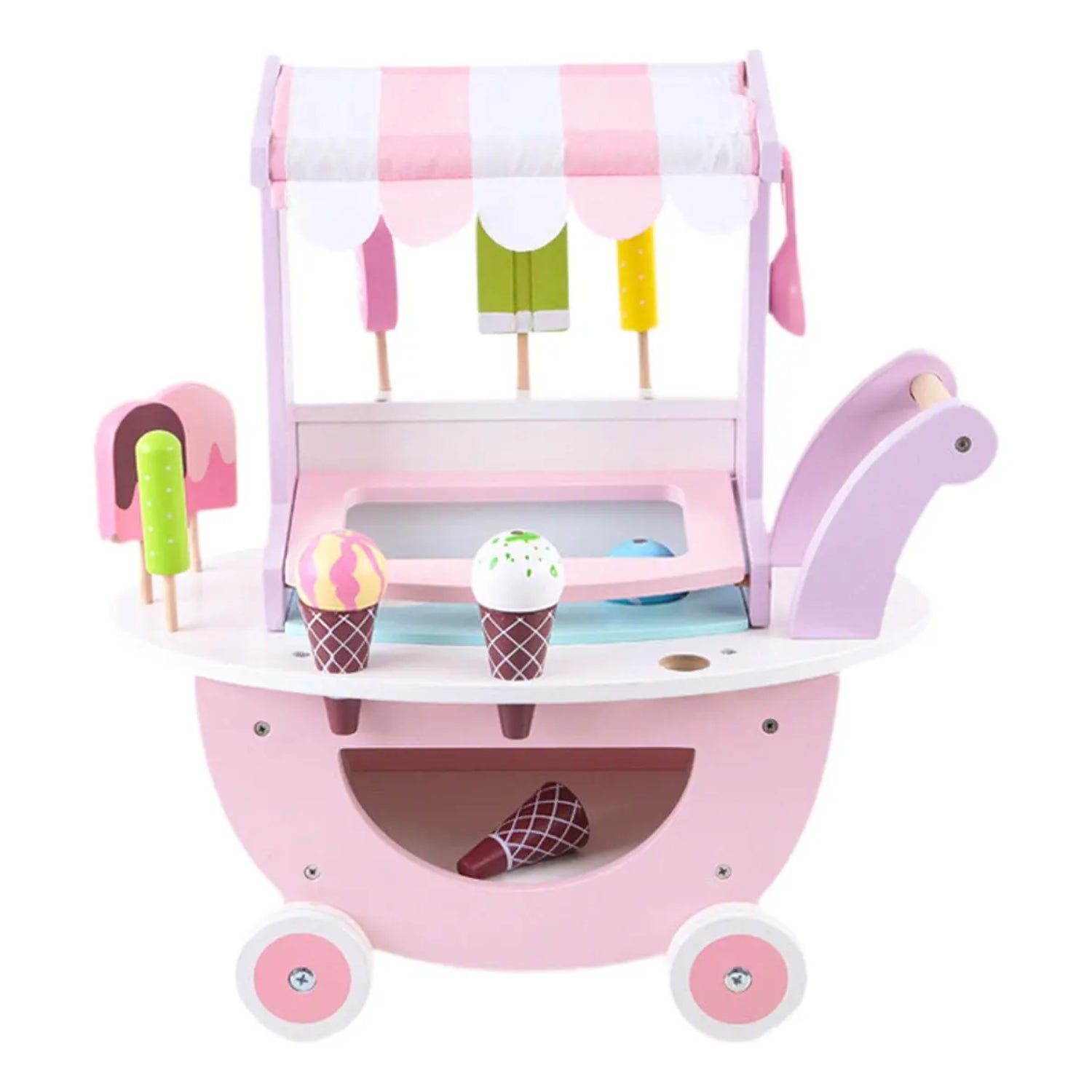 Carrito de helados rosa con conos de helado de madera, vista frontal