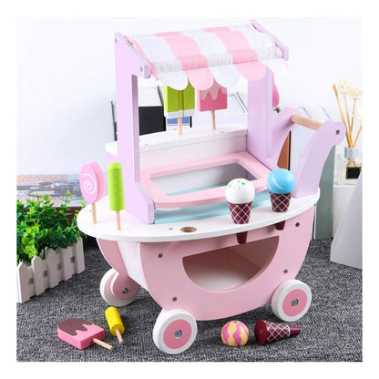 Carrito de helados de madera rosa con bolas de helado y paletas, vista frontal