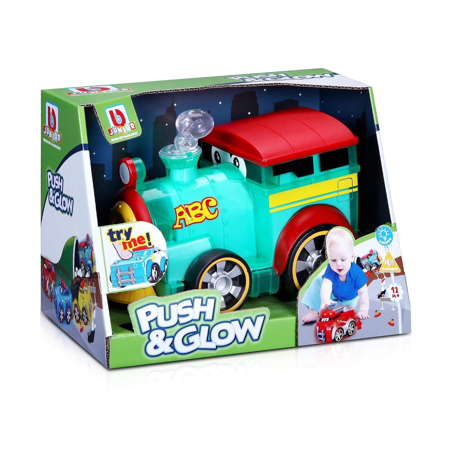 Carro de juguete tipo tren verde y rojo, caja frontal con niños jugando