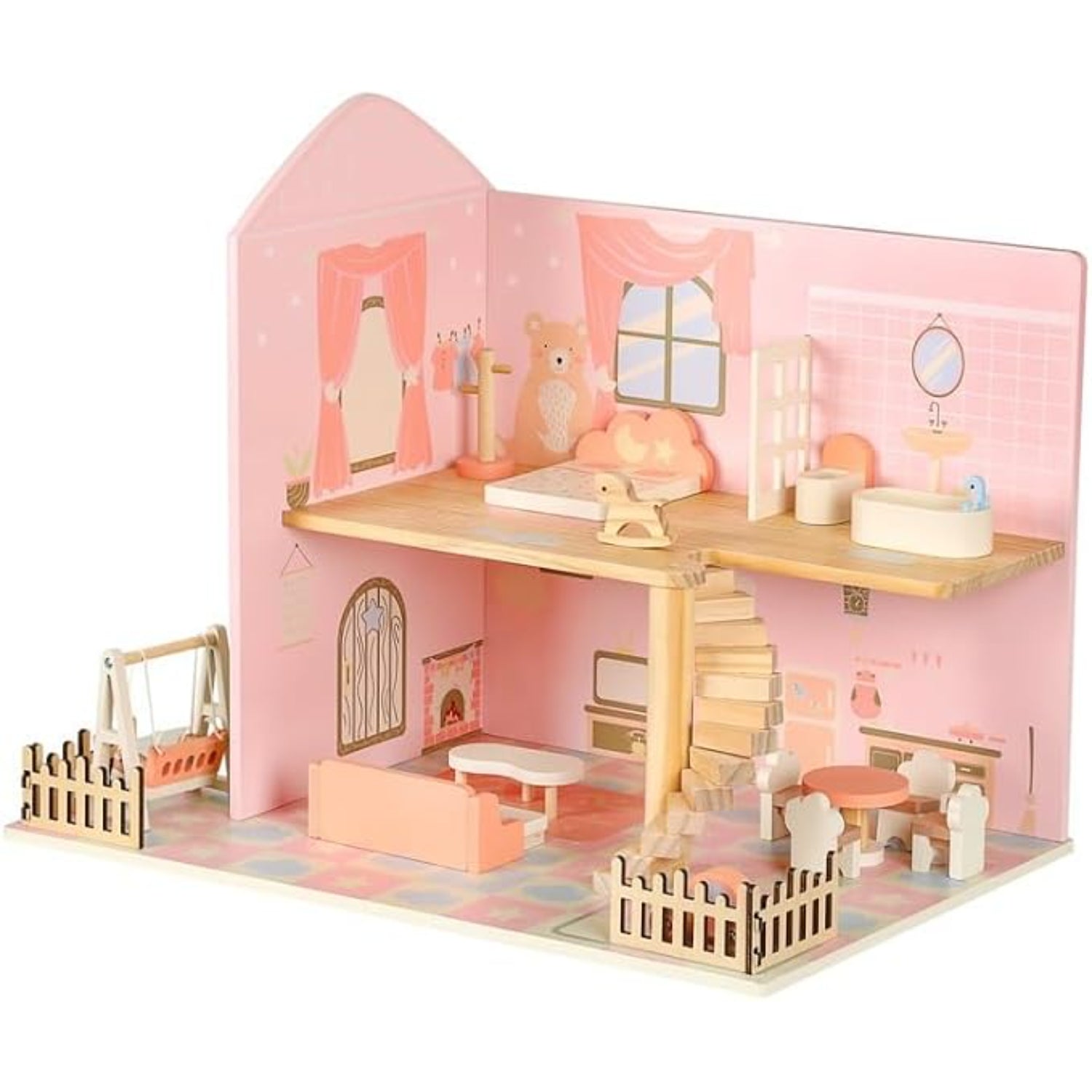 Casa de muñecas rosa de madera con muebles y decoración interior detallada