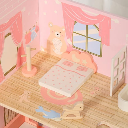 Casa de muñecas rosa interior, habitación con cama y decoración infantil