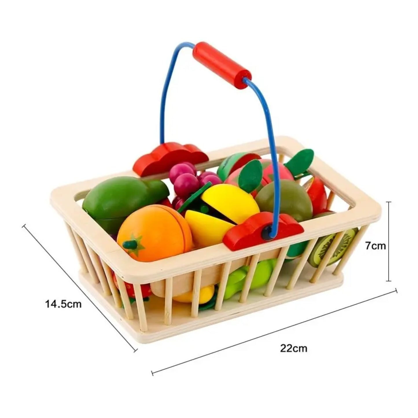 Cesta de frutas de madera con variedad de frutas coloridas, vista frontal