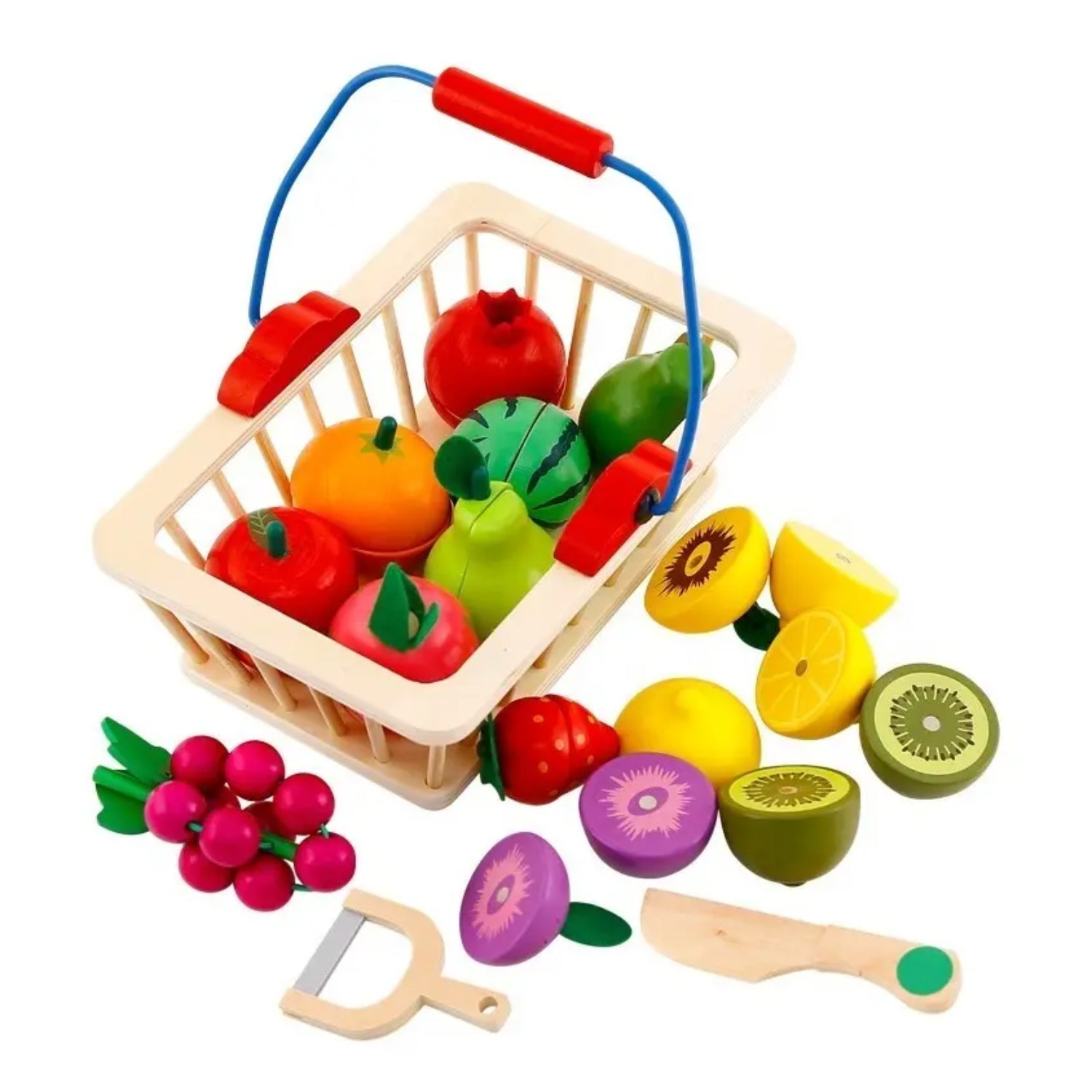 Cesta de frutas de madera colorida con cuchillo, juguete educativo