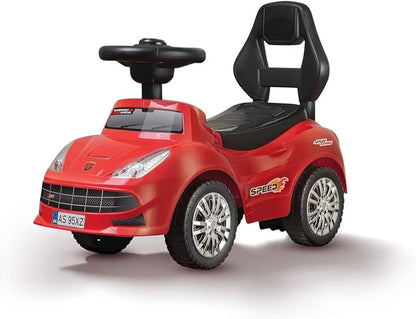 Auto de juguete rojo con volante, ideal para niños en juegos al aire libre