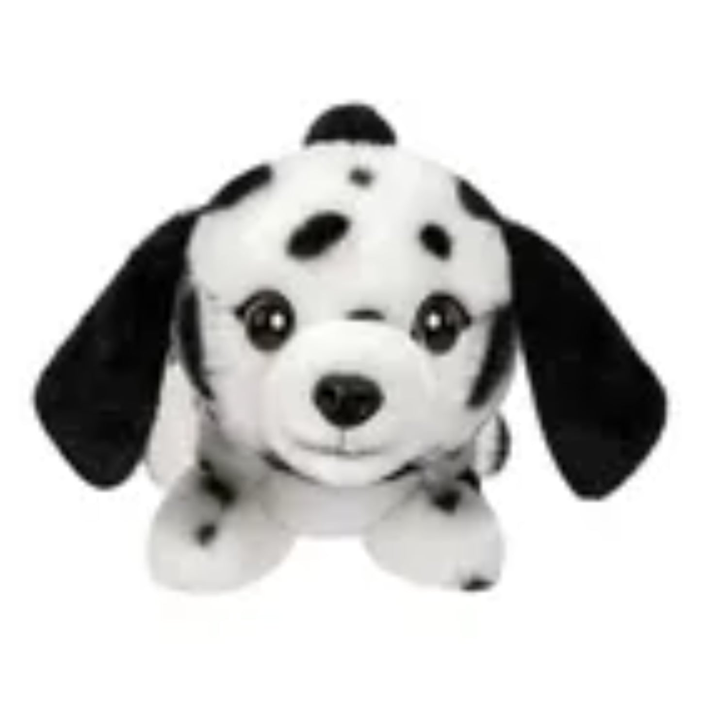 Perro de peluche dalmata negro y blanco, vista frontal, juguete suave