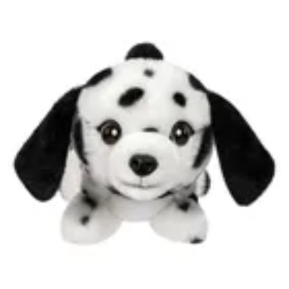 Perro de peluche dalmata negro y blanco, vista frontal, juguete suave