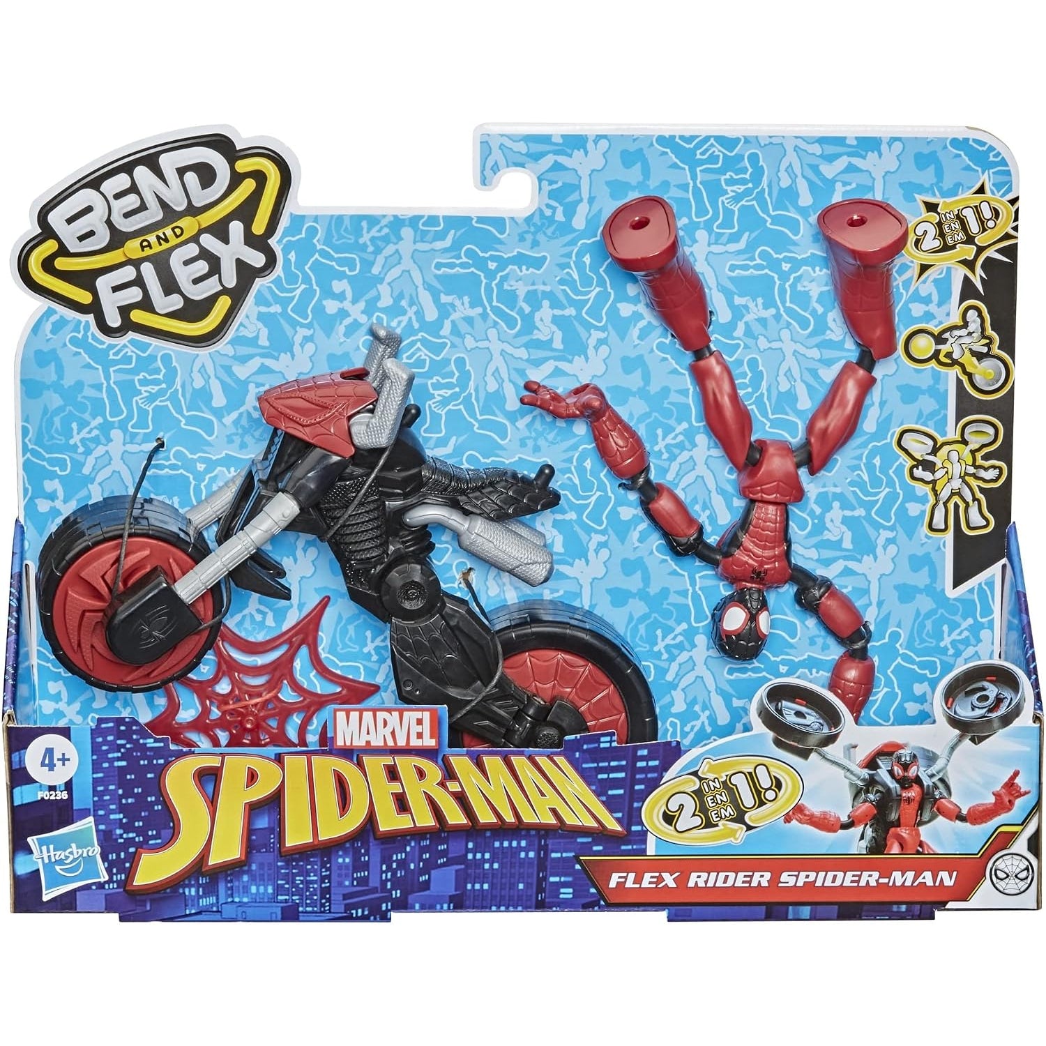 Juguete de Spiderman con motocicleta, modelo Bend and Flex, vista frontal en empaque