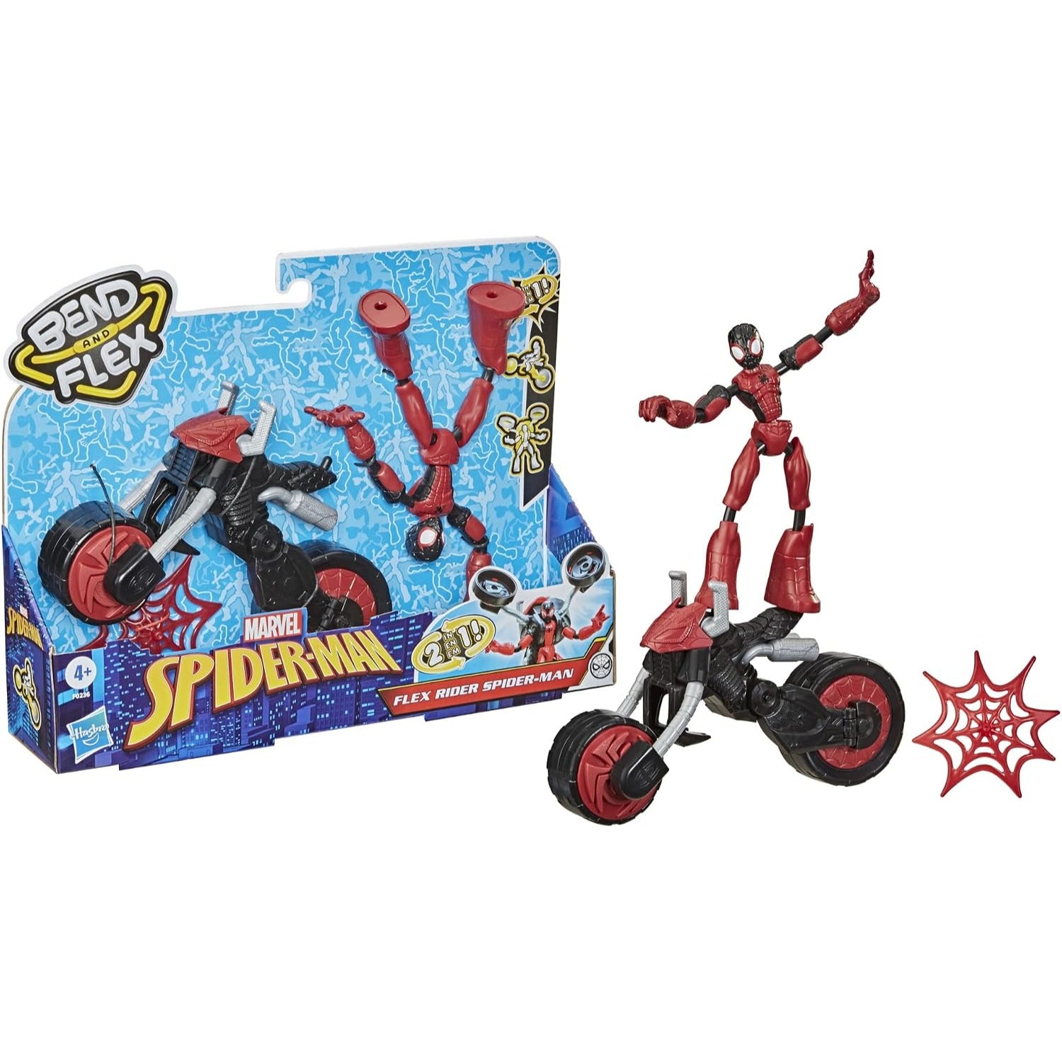 Juguete de Spiderman rojo en motocicleta, vista frontal con caja