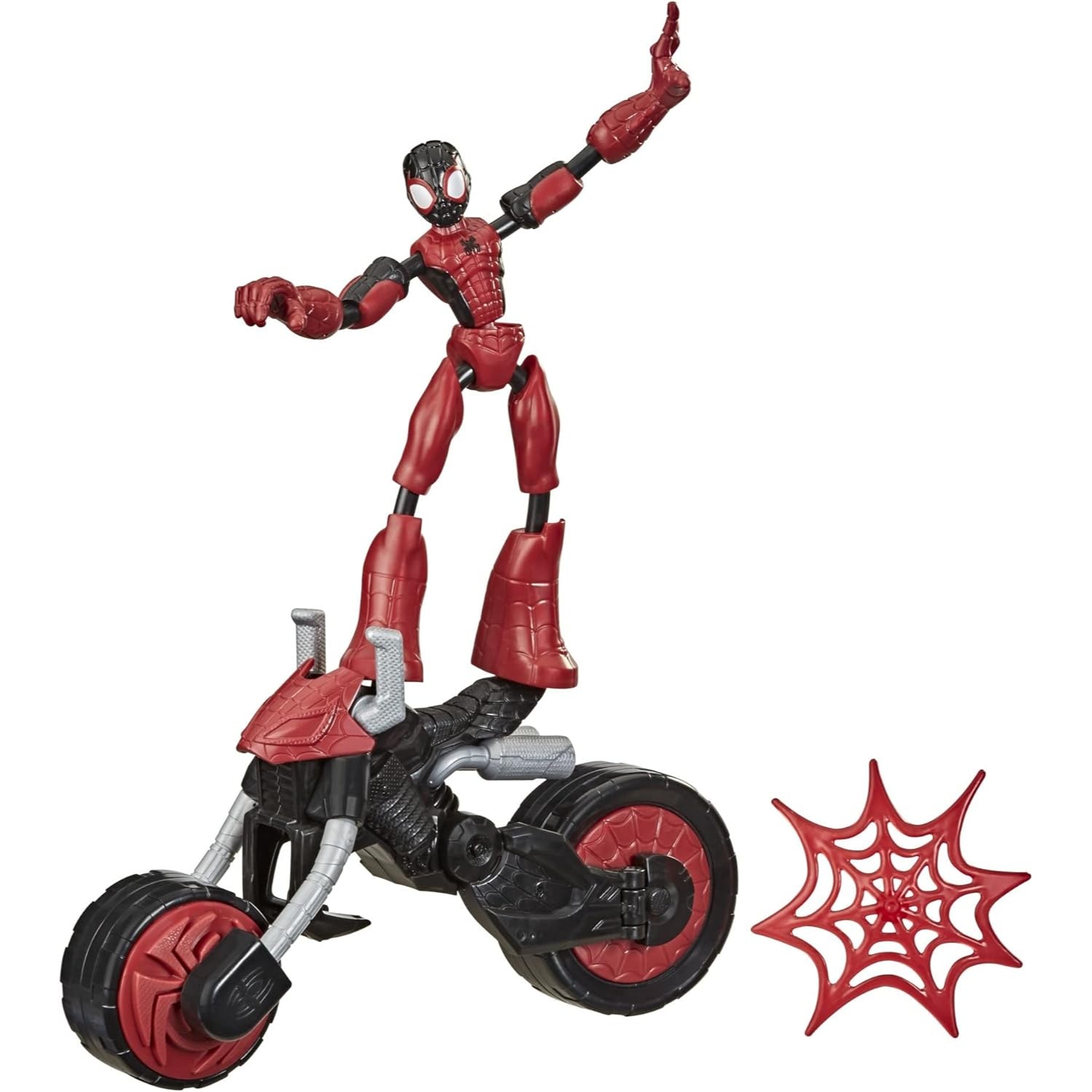 juguete de spiderman figura con moto roja y accesorio de telaraña