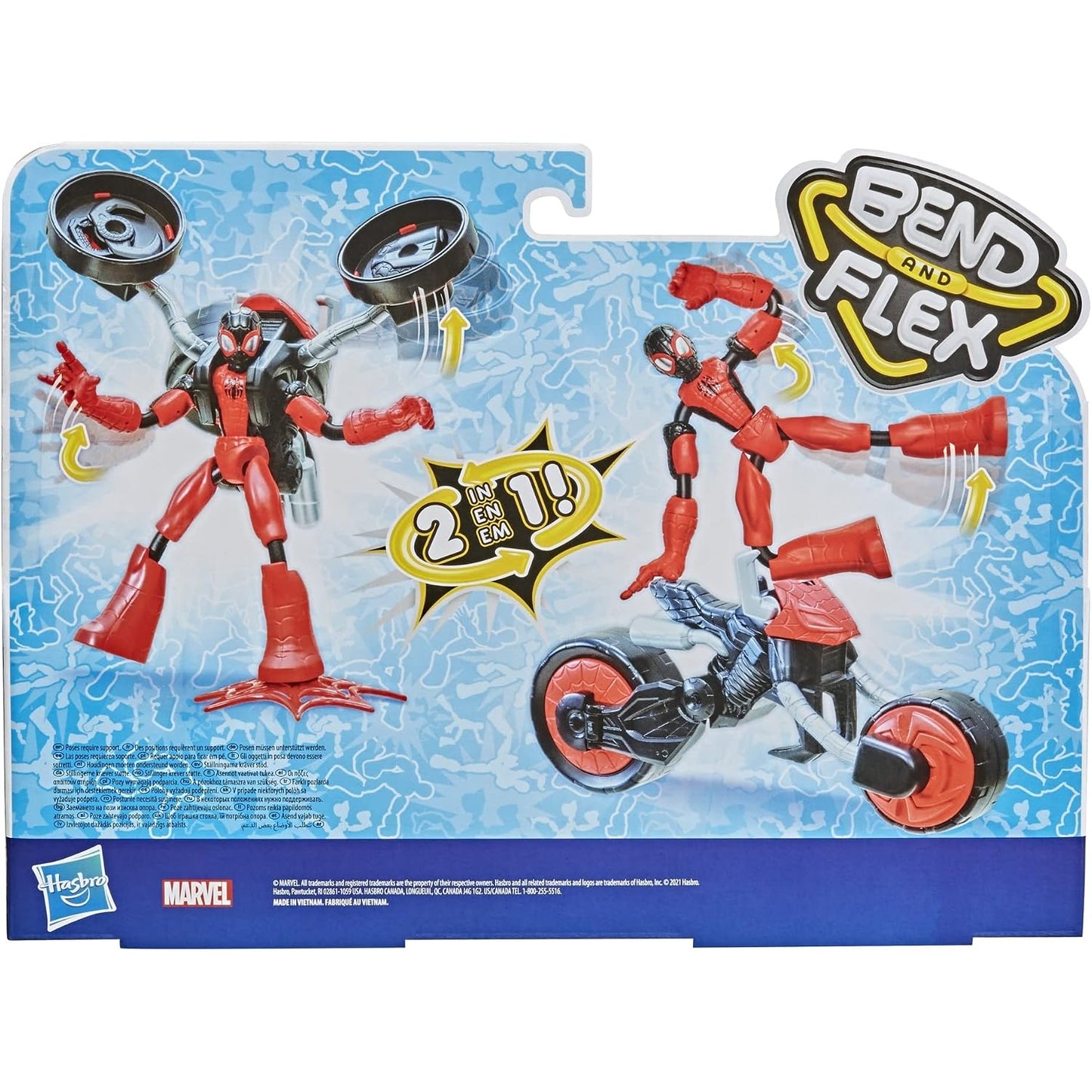 Juguete de Spiderman en rojo con figura flexible y moto, vista del producto y contexto de juego
