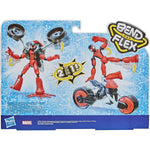 Juguete de Spiderman en rojo con figura flexible y moto, vista del producto y contexto de juego