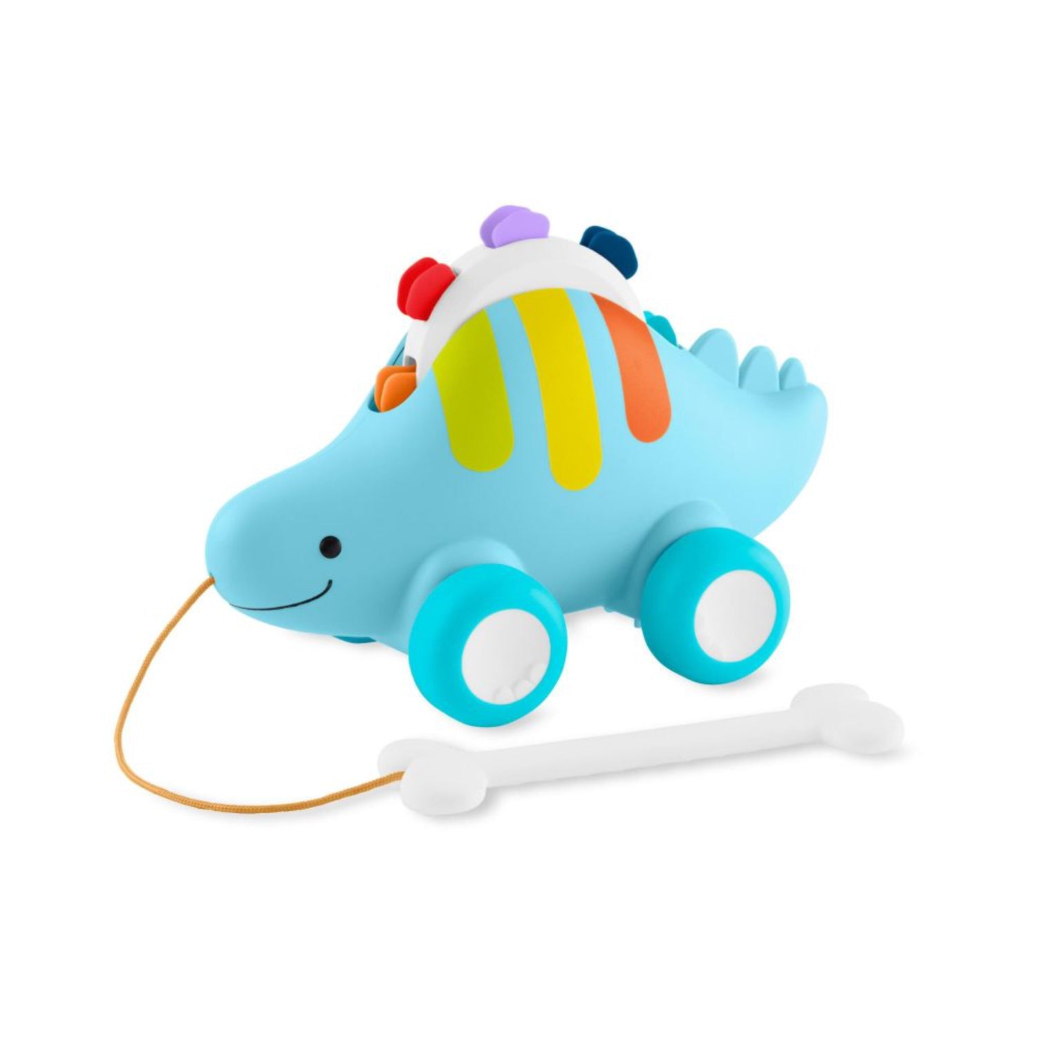 Juguete dinosaurio azul con ruedas y cuerda de arrastre, ideal para niños pequeños