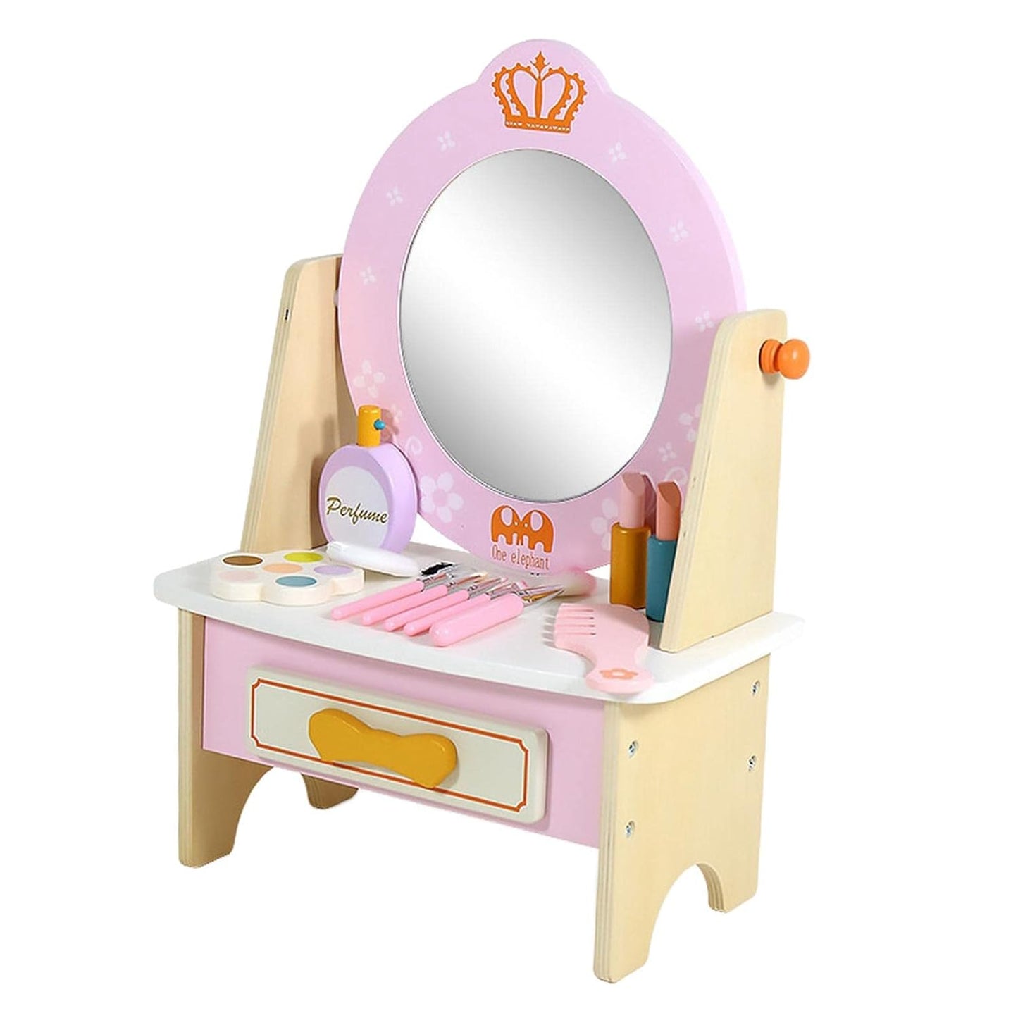 Espejo rosa de juguete con mesa de belleza y accesorios en habitación infantil