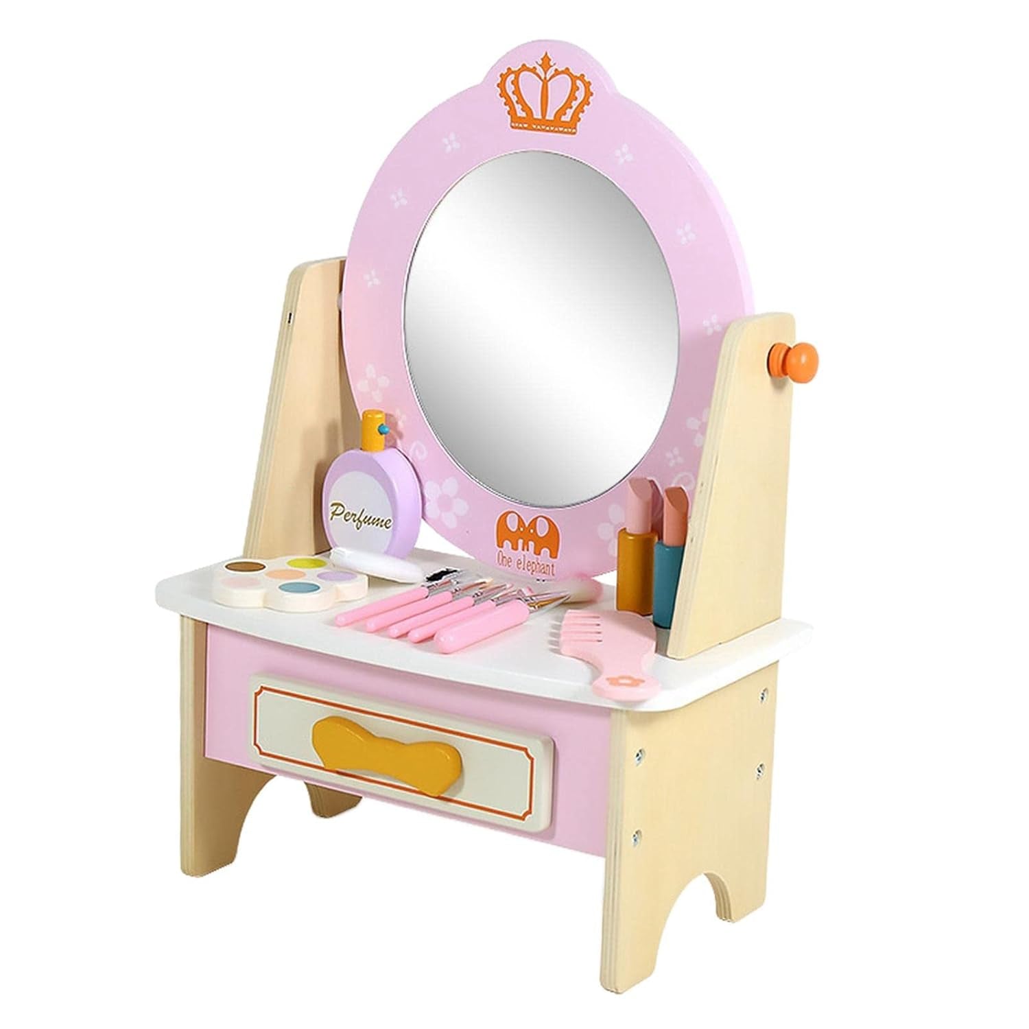 Espejo rosa de juguete con mesa de belleza y accesorios en habitación infantil