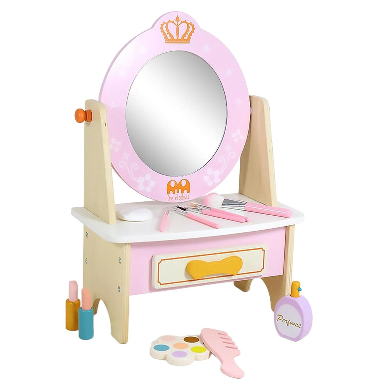 Espejo de vanidad rosa con accesorios, vista frontal, ideal para juegos de imitación