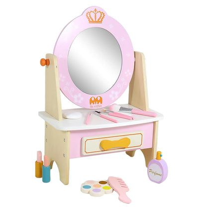 Espejo de vanidad rosa con accesorios, vista frontal, ideal para juegos de imitación
