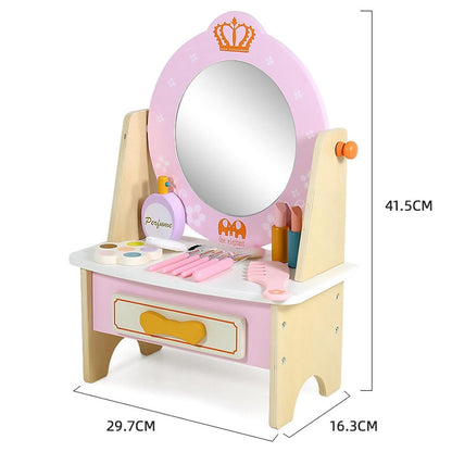 tocador de juguete rosa con espejo, accesorios de belleza en madera