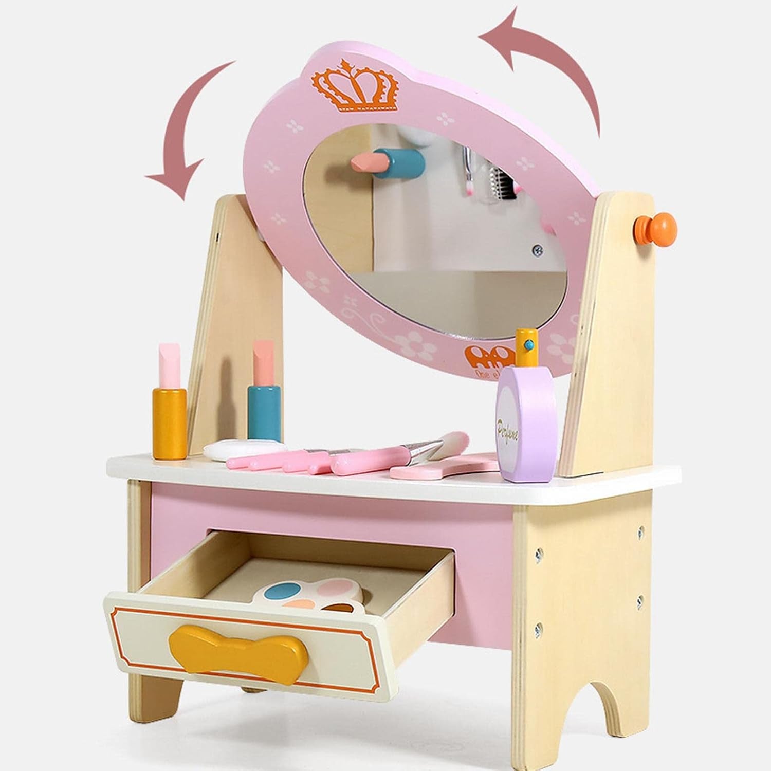 tocador infantil rosa con espejo y cosméticos, juguete de juego de roles