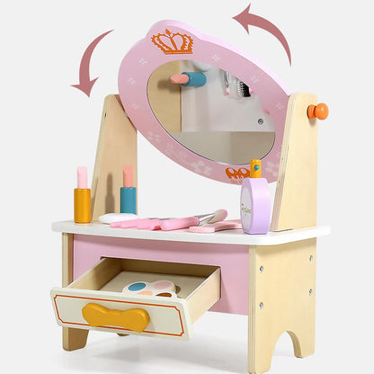 tocador infantil rosa con espejo y cosméticos, juguete de juego de roles
